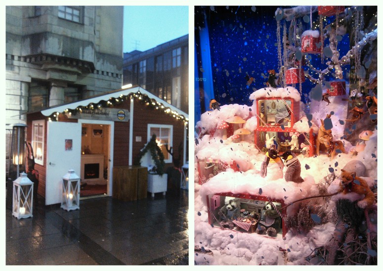 Домик Санты на главной площади в Хельсинки - за определенную плату можно посидеть на коленках у престарелого мужчины в костюме (слева). И одна из чудесных рождественских витрин (справа).